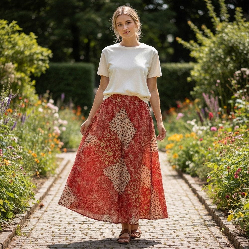 Coldwater Creek Red Patchwork Paisley Floral Maxi Skirt PMD Bohemian A-Line